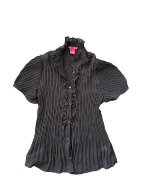 Sunny Leigh Black Pleated Ruffle-Front Short Sleeve Blouse